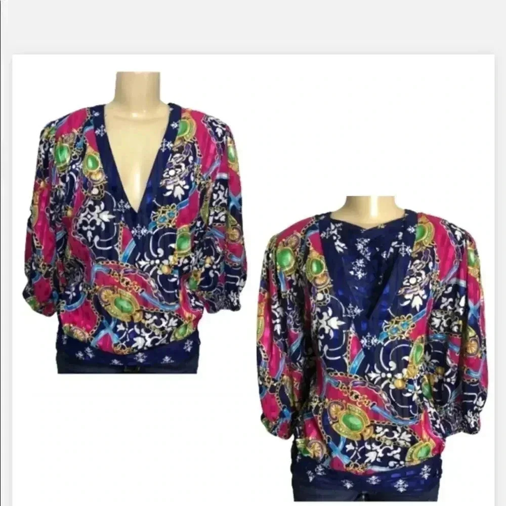 VINTAGE MAYEELOK V‎ NECK PINK & BLUE  PRINT BLOUSE GLAM 80’s